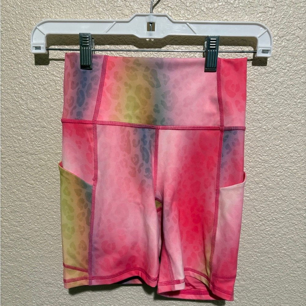 Fabletics Pink and Yellow Bike Shorts with Artistic Design